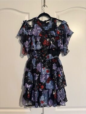 Alice + Olivia Nicola Black Floral Ruffled Cold-Shoulder Mini Dress